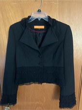 Cynthia Steffe Black Cropped Blazer Ruffle Mesh Trim Jacket Size 10