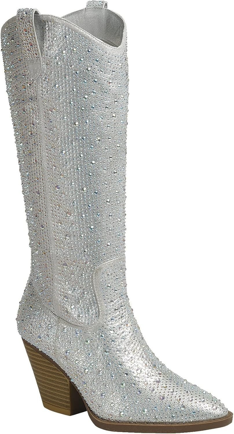 ABSOLEX Women Western Cowgirl Knee High Rhinestone Boots Silver Size 10
