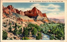 Tarjeta postal de lino 1940 The Watchman Zion National Park Utah Curt Teich