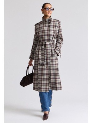 New Avec Les Filles Plaid Belted Funnel Neck Trench Coat Grey Blue XS