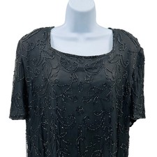 JMD New York Sheath Dress WMNS 3X Black Silk Beaded Short Sleeve Lined Back Zip