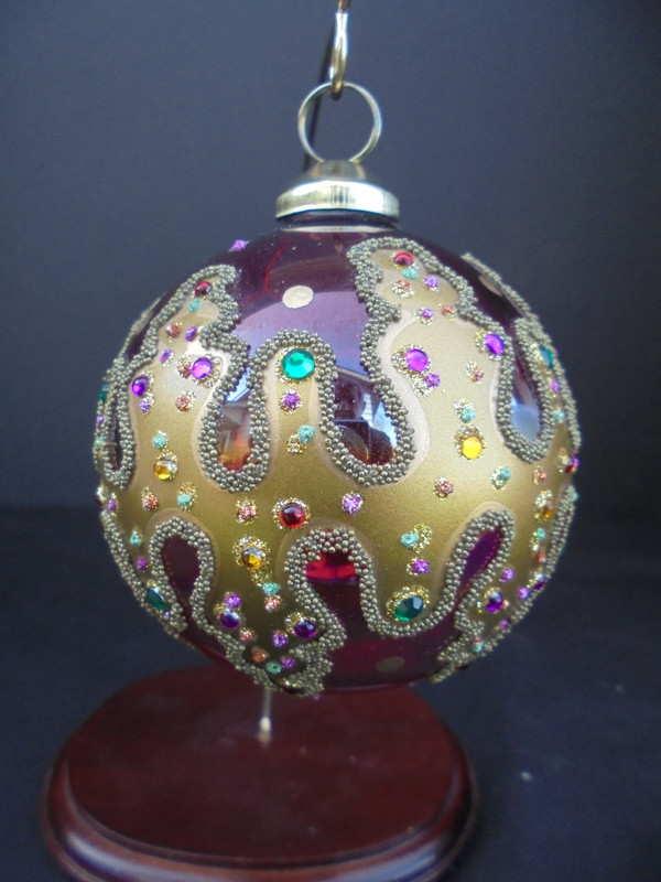 (6) COLOR GLASS CHRISTMAS BALLS DECORATED WITH GLITTER & RHINESTONES 3" Red Blue