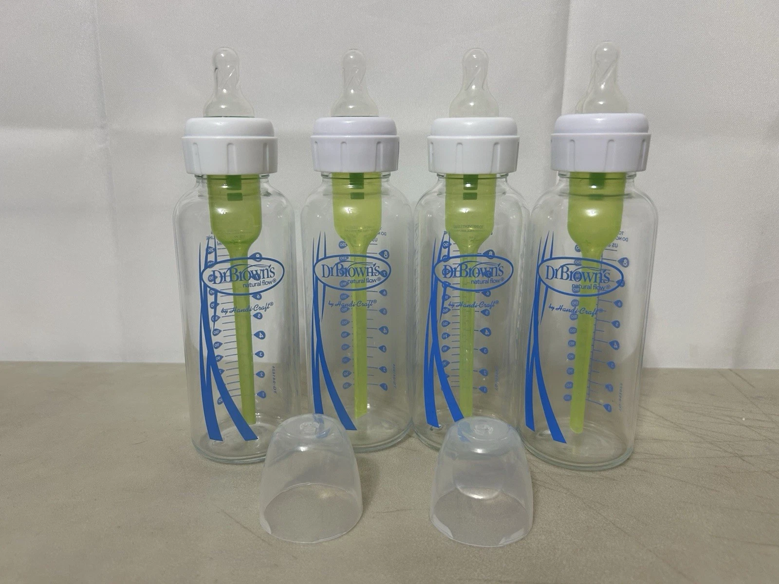 Lot Of 4 Dr. Brown’s Glass Baby Bottles 8 Ounce Size 1-2 Nipples