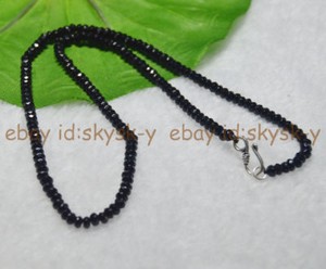 Fine-2x4mm-Black-Agate-Faceted-Roundel-Gems-Beads-Necklace-Silver-Clasp-AAA