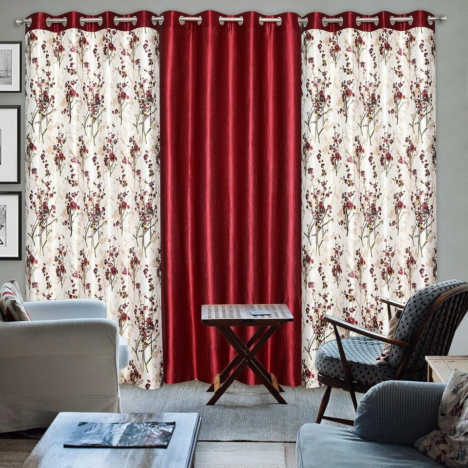 Juego de 3 cortinas de ventana de puerta con ojal sombreado floral de 7 pies granate Foto 2 de 4