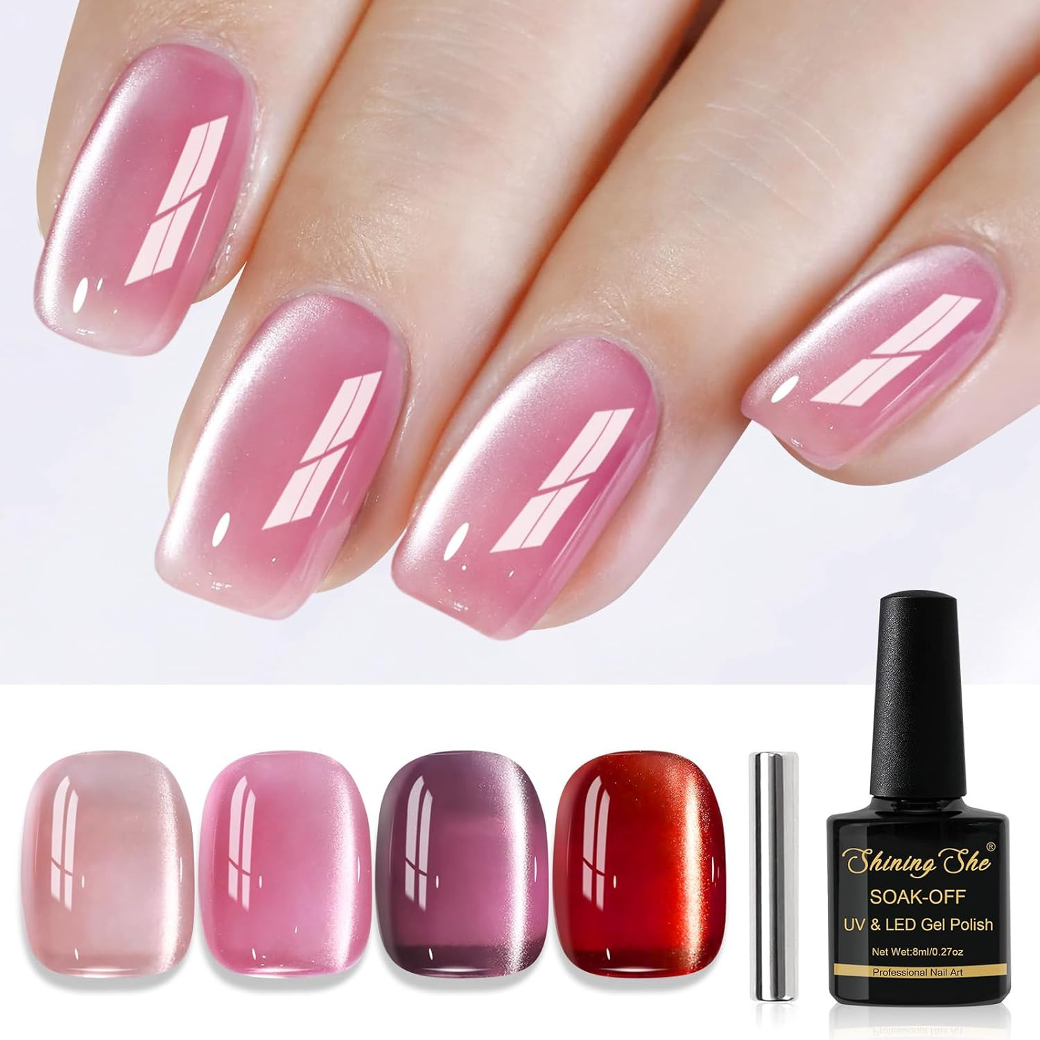 Smalto Semipermanente Unghie Magnetico,4 Colori Jelly Cristallo Cat Eye Rosa Vio