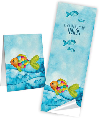 25 Fische Aufkleber Schön dass du da bist Kindersticker 5 x 14,8 cm Tischkarte K