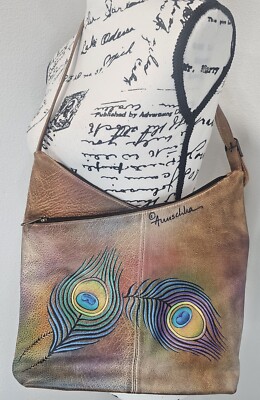 Anuschka Hand Painted Leather Shoulder Bag Peacock Feathers & Hibiscus Flowers
