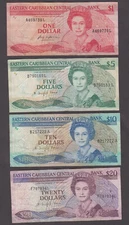 EAST EASTERN CARIBBEAN VINTAGE COLLECTION OF 1-5-10-20 DOLLARS "AB"  CRC  2211