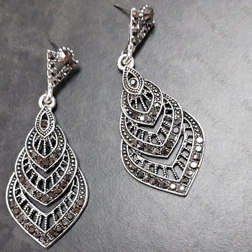 2"long MARCASITE crystal RETRO EARRINGS antique style HEMATITE silver rhinestone - Picture 11 of 11