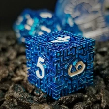 Sage's Labyrinths - Blue Weave White Ink Hollow Metal Polyhedral Dice Set DnD
