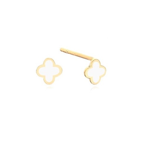 GOLDPIA-14K-Gold-Four-Leaf-Clover-Enamel-Stud-Earring-White-Van-Cleef-JESTINA
