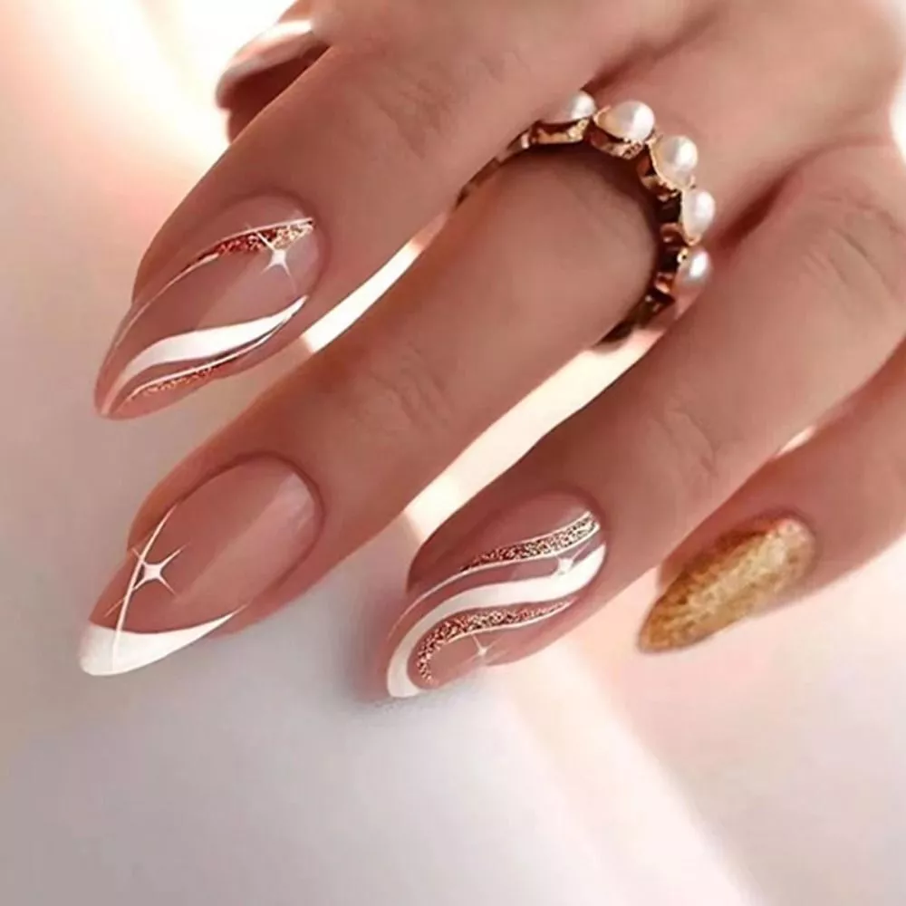 Press on Nails Fake Nials False Nails Long Almond Glitter Black