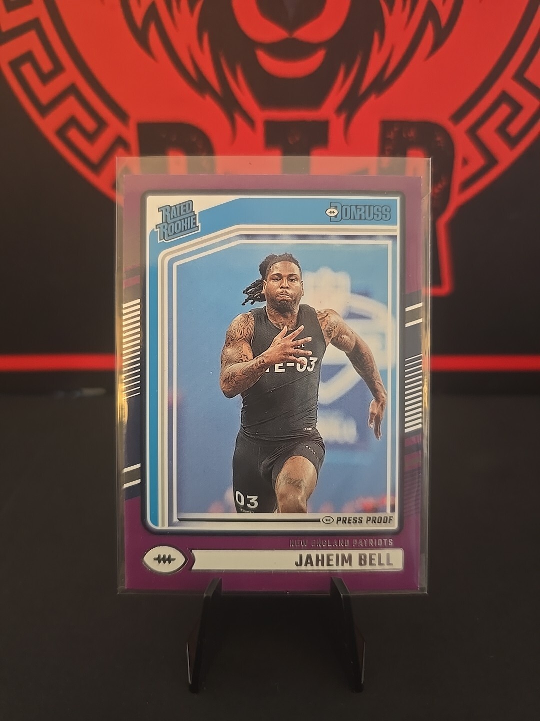 2024-25 Panini Donruss #337 Jaheim Bell Rated Rookie Purple Press Proof Patriots