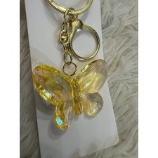 Yellow Clear iridescent butterfly keychain bag charm gold metal