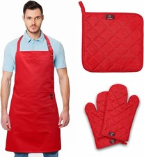 HD KITCHEN Chefs Apron BBQ Gloves pot Holders Solid Red Gift Set Kit