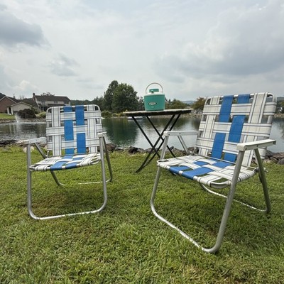 Vintage 60'sSunbeam Aluminum Folding Webbed Lawn Beach Chairs Blue