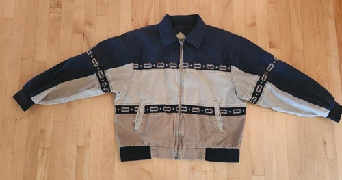 Vtg 90s Canyon Guide Outfitters Canvas Aztec Bomber Jkt L Tan & Blue image 9