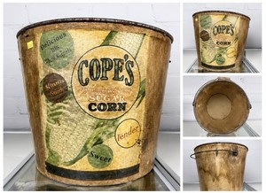 Vintage Primitive Cope's Sugar Corn Cardboard Pail
