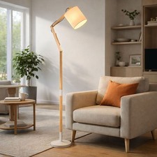 Holzlampe Stehlampe Stehleuchte LED Textilschirm Schlafzimmerleuchte Leselampe