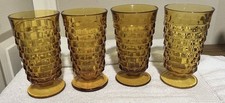 VTG Amber Indiana Glass Whitehall Cubist Pedestal Drinking Tea Glasses Set Of 4