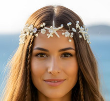 Merrmaid Crown Seashell Headpiece, White Boho Starfish Tiara, Sea Star Shell Pea