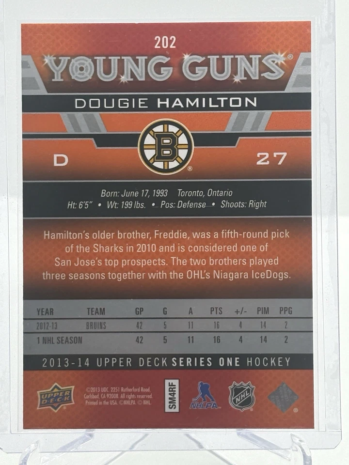 2013-14 Upper Deck Young Guns Rookie RC Dougie Hamilton #202 Boston Bruins - Image 2 of 2