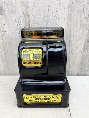 Uncle Sam's 3 Coin Register Bank Black Original Japan Vintage Good Shape Pre-Own