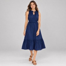 J.Crew Dress WMNS 2 Blue Ruffle Neck Tie Sleeveless Tiered Cotton Coastal Preppy
