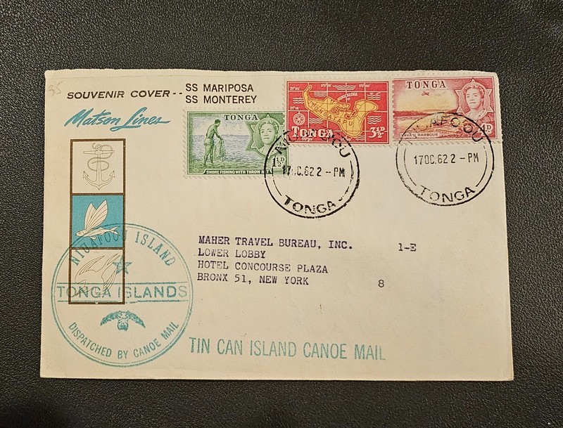 1962 Tonga Toga Tin Can Cover Canoe Mailed to New York Mailed at Sea