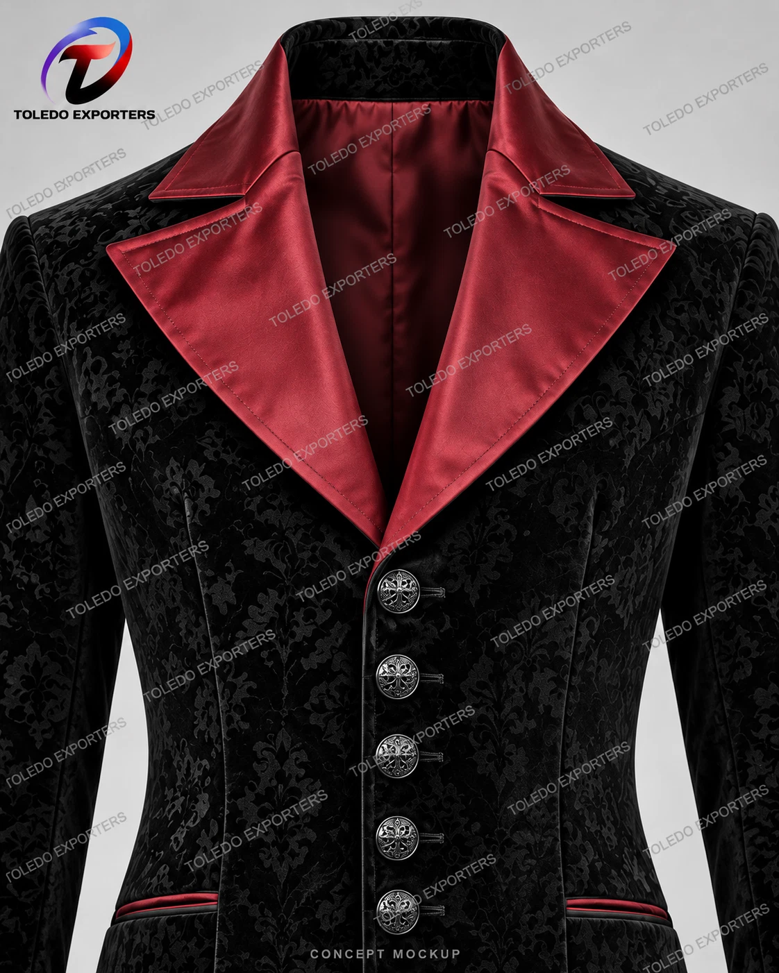 Men’s Gothic Vampire Coat, Black Damask Velvet with Burgundy Lapels and Cuffs - product detail image 5