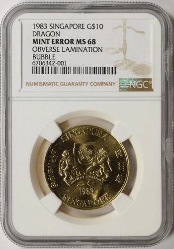 1983 Singapore Gold $10 Dragon NGC Mint Error MS68 Obverse Lamination Bubble