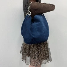 Vintage Loewe Anagram Chain Shoulder Bag in Blue Suede for Women Auth
