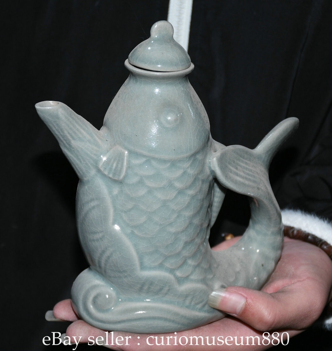 7.2" Old Chinese Ru Kiln Blue Glaze Porcelain Fish Lid Wine Tea Pot Flagon