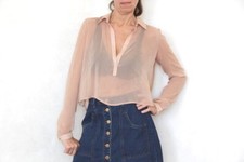 Vintage nude sheer blouse, Transparent beige shirt, See through 90s crop top S