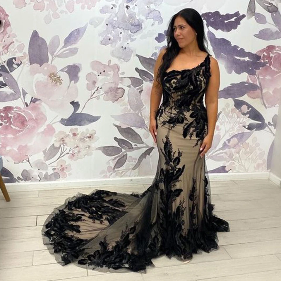 Black Champagne Gothic Wedding Dresses With Detachable Train Mermaid Gowns - Image 3 of 4