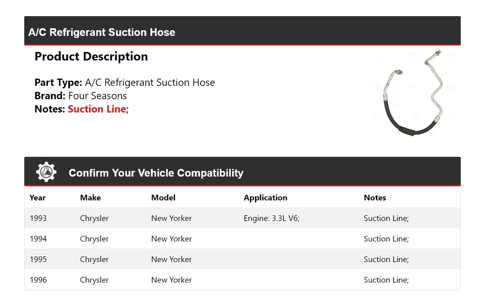Manguera de succión de refrigerante aire acondicionado Chrysler New Yorker 1993-1996 4 estaciones 1994 Foto 2 de 4