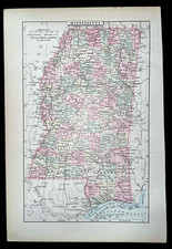 1896 RARE COLOR MAP *MISSISSIPPI* U.S. AMAZING COND FOR ITS AGE 7X10.5" JD 92424