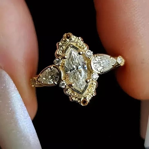 14K Yellow Gold Plated Lab-Created 2Ct Marquise Cut Diamond Women Wedding Ring - Picture 4 of 4