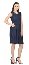 SELFYS Women Gathered Dark Blue Knee Length Sleeveless Round Neck Western Dress