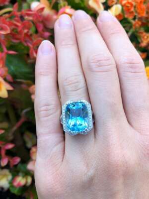 Marvelous Cushion Cut Aquamarine With Round Cut CZ Beautiful  Ring