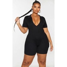 NWT PRETTYLITTLETHING PLUS BLACK FINE KNIT BUST DETAIL COLLARED SEAMLESS UNITARD