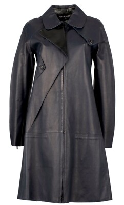 8k Chanel 2014 Leather Long Black Blue Trench Coat Jacket