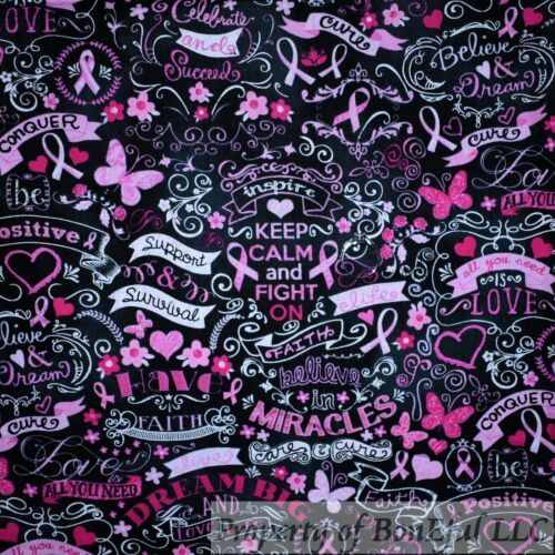 BonEful FABRIC Cotton Quilt Black Pink White B&W Chalkboard Breast Cancer SCRAP