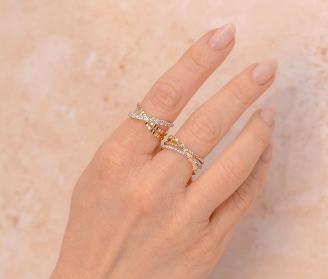Diamond Crossover X Ring 14K Gold Crisscross Bridge Split Shank