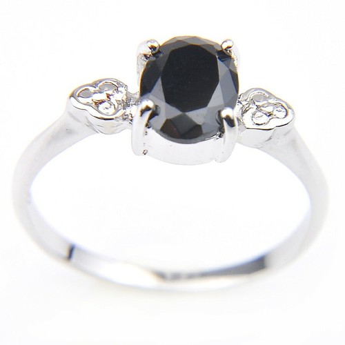 Shine 8*6MM Oval Natural Black Agate Gemstone Silver Rings Size 7~9 Women Gifts - Picture 2 of 6