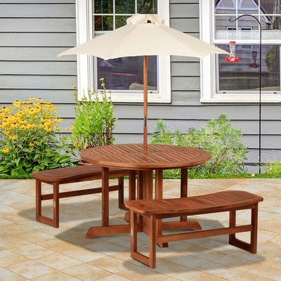 Outsunny 4 Piece Acacia Wood Outdoor Garden Dining Table Seating Set W Umbrella Ebay