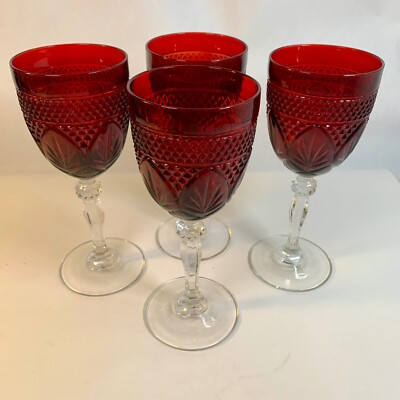 SET 4 Cristal D' Arques Durand ANTIQUE RUBY RED Crystal Wine/Water Glass Goblet
