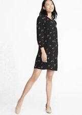 Old Navy Dress Sz S Crepe Black Ditsy Floral 3/4 Sleeves + Buttons Feminine