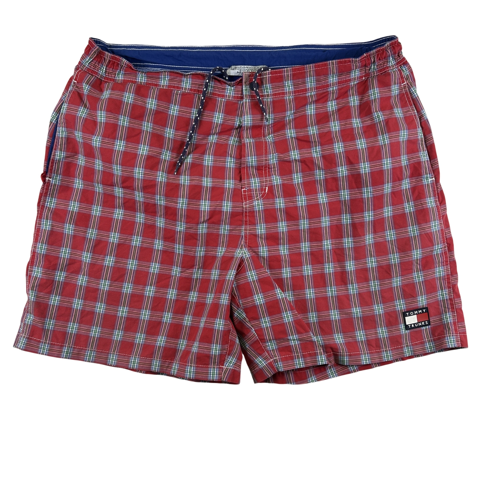 Vintage Tommy Hilfiger Swim Trunks Mens XL Red Plaid Drawstring Board Shorts 90s